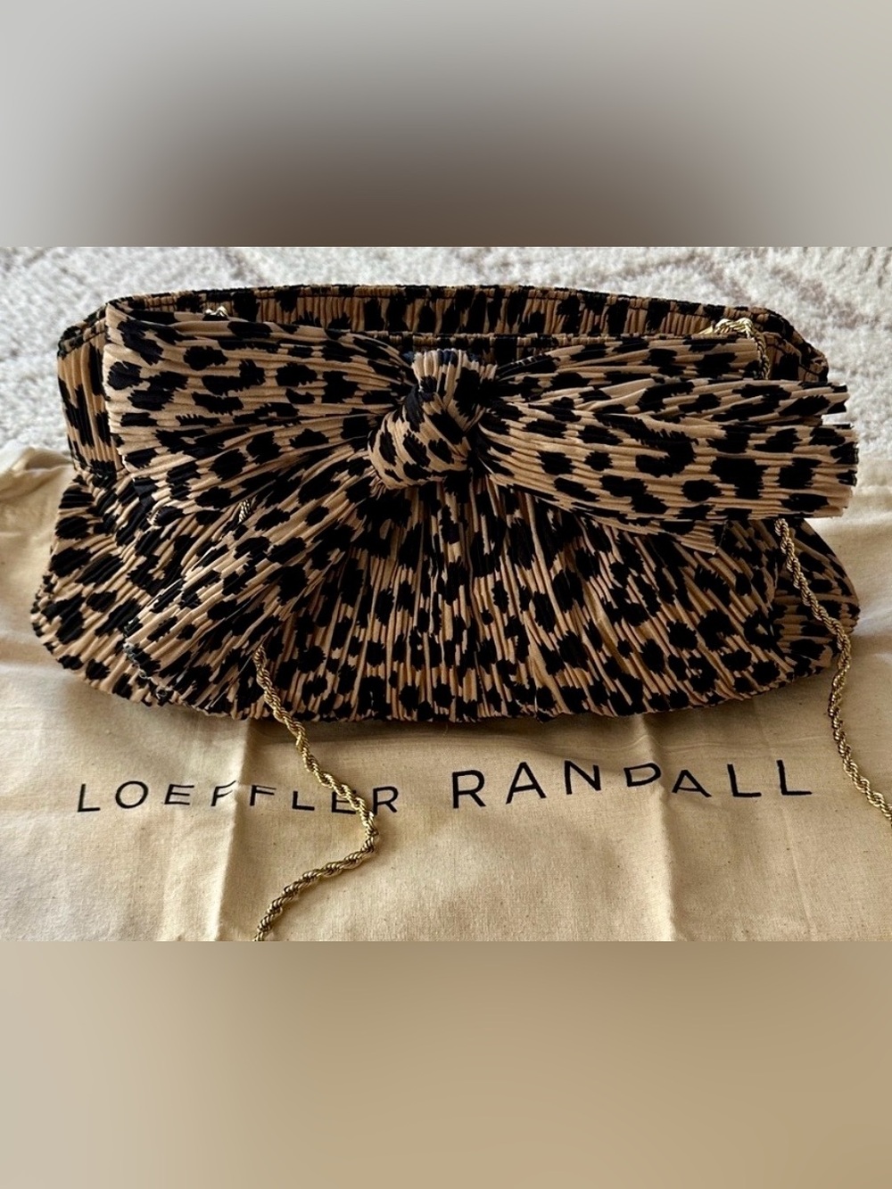 Loeffler Randall Pleated Leopard Bow Clutch w/ Gold Chain Strap Evening Bag